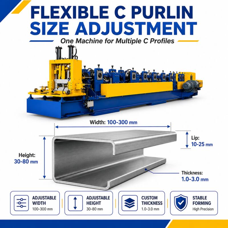 Adjustable C purlin profile sizes from automatic roll forming machine